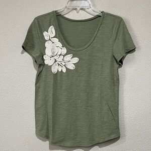 LOFT Sage Green Tee with Cream Floral Accents